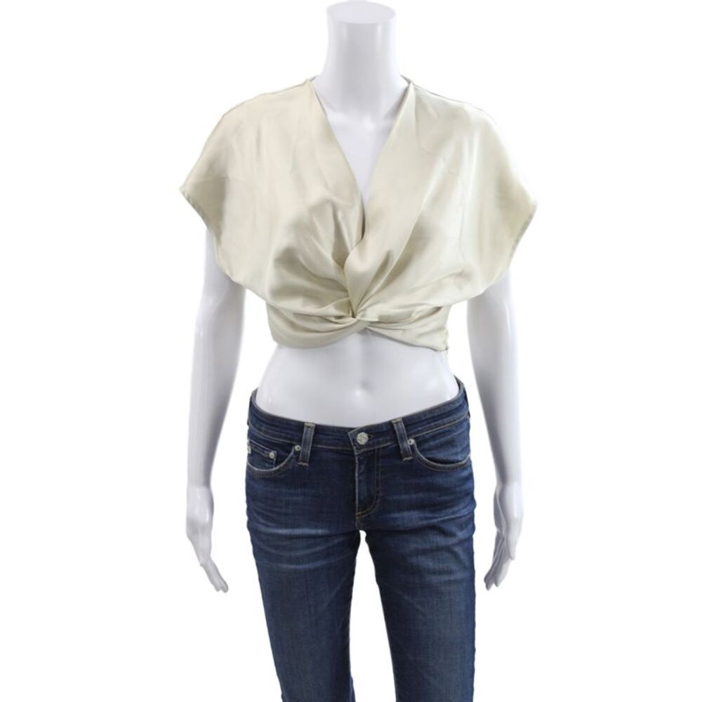 House of Harlow 1960 Women Cropped V Neck Short Sleeve Beige Blouse Zip Size S
